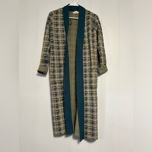 Christian Siriano Green Plaid Long Open Cardigan with Teal Trim